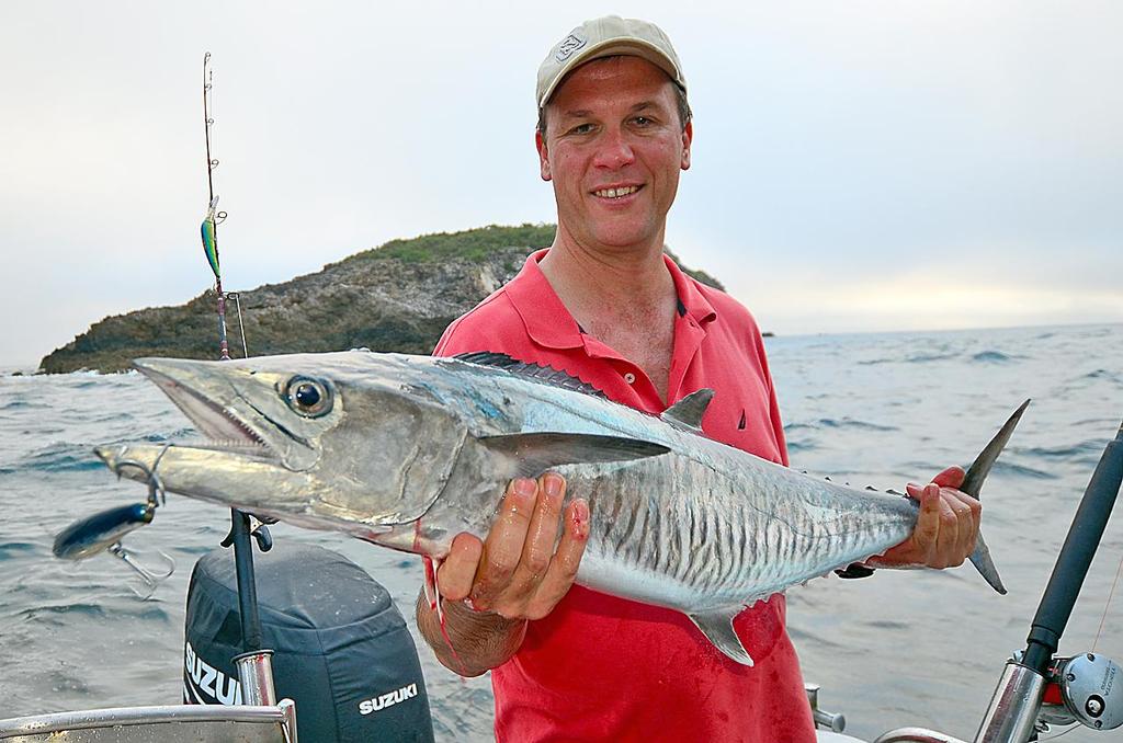 Greg Reynolds with a nice Bailey Island Spanish.  Fish like this often school up on the pressure points of islands. - Big Fish on the Kinder Surprise Combo © Lee Brake